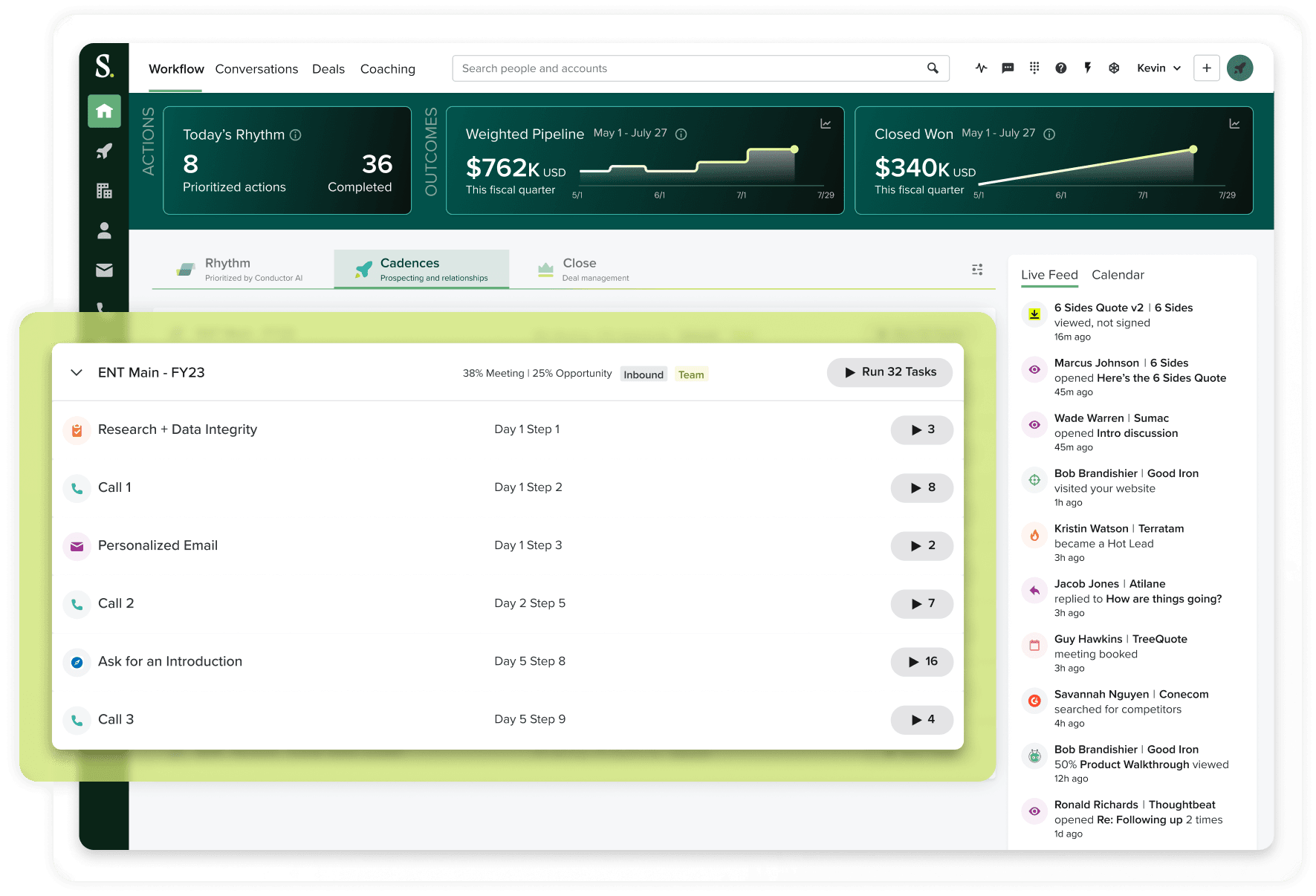Screenshots of cadences in action on the Salesloft platform